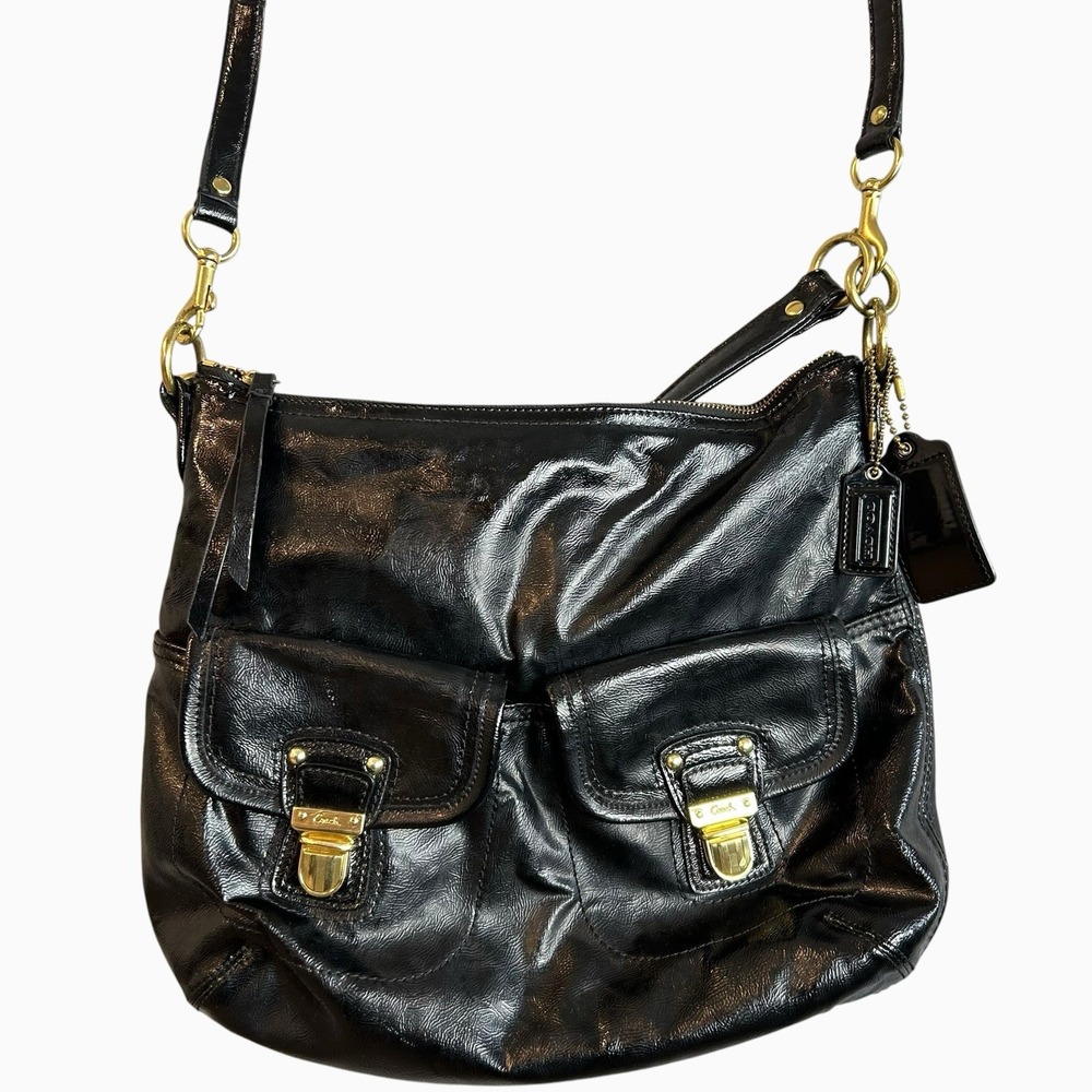 COACH Daisy Liquid Gloss Pocket Hobo Bag-Black Pat Leather F23401